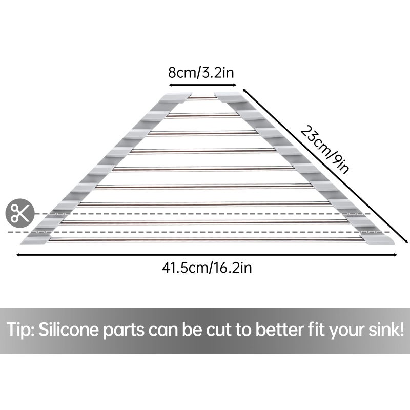 Tomorotec Triangle Roll-Up Dish Drying Rack for Sink Corner Small Foldable Stainless Steel Over The Sink Multipurpose Kitchen Drainer Caddy Organizer Storage Space Saver Shelf Holder (Gray) - Image 4