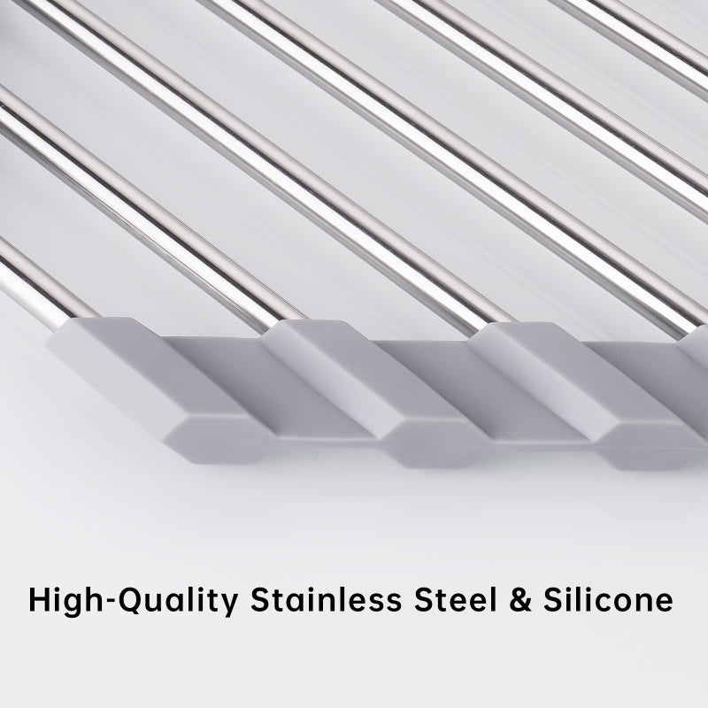 Tomorotec Triangle Roll-Up Dish Drying Rack for Sink Corner Small Foldable Stainless Steel Over The Sink Multipurpose Kitchen Drainer Caddy Organizer Storage Space Saver Shelf Holder (Gray) - Image 2