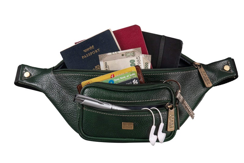 BRAND LEATHER Stylish Genuine Leather Waist Bag Elegant Style Travel Pouch Passport Holder with Adjustable Strap for Multipurpose Use (Green) - Image 5