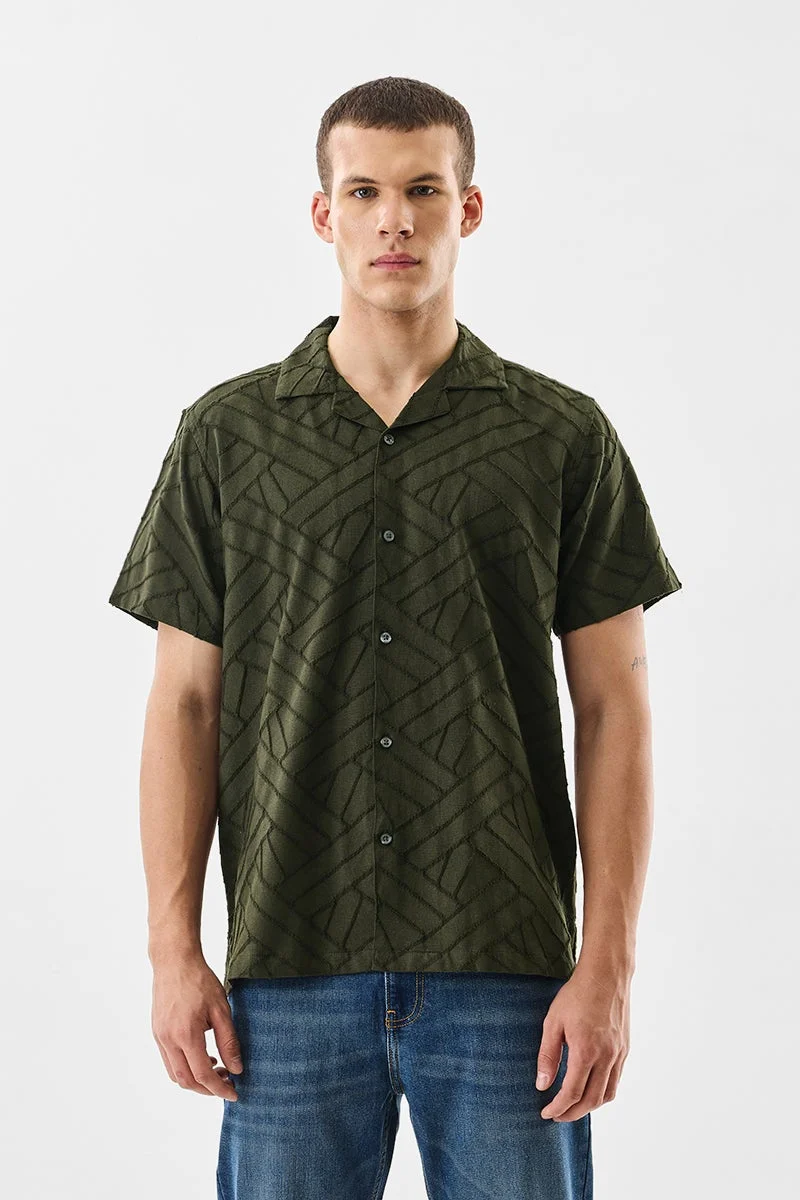 SNITCH Olive Textured Half Sleeve Boxy Luxe Shirt