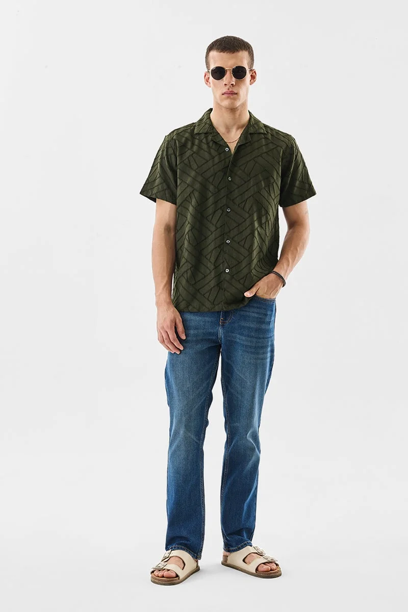 SNITCH Olive Textured Half Sleeve Boxy Luxe Shirt