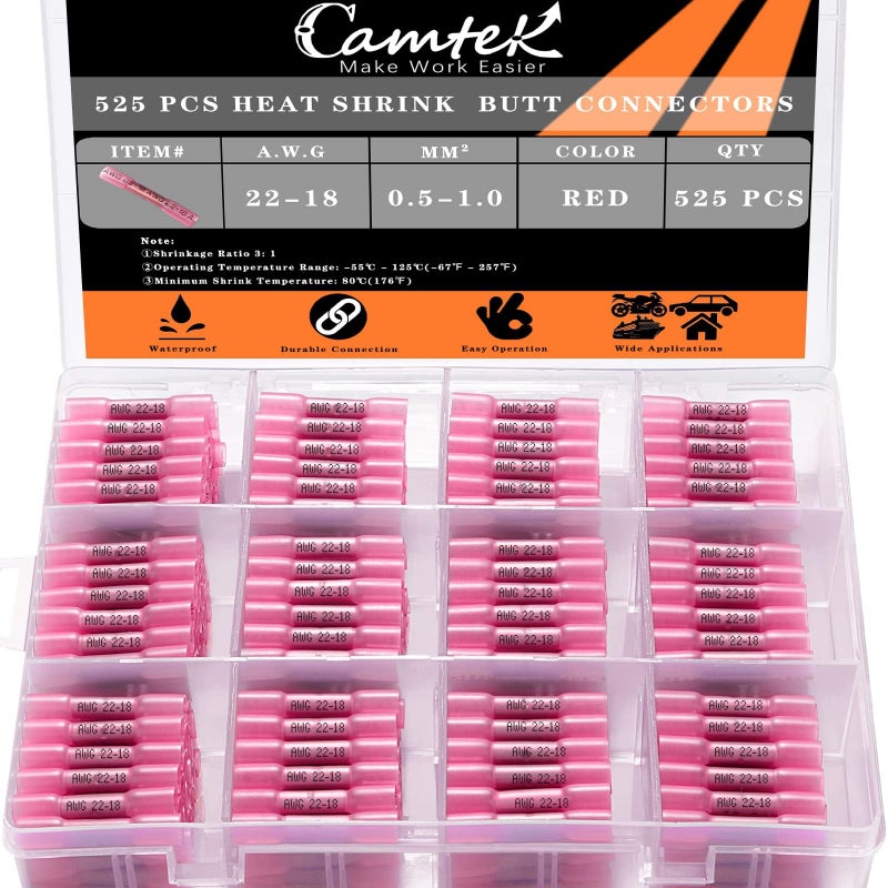 Camtek 525PCS Heat Shrink Butt Connectors Red 22-18 AWG, Insulated Waterproof Electrical Wire Connectors Marine Grade Tinned Red Copper Crimp Splice Terminals for Marine,Truck,Stereo - Image 1