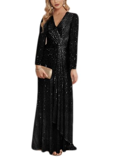 Meilun فستان مائلون الأسود بأكمام طويلة مزين بالخرز للنساء فساتين سهرة رسمية فستان ماكسي لامع بتصميم V للضيوف في حفلات الزفاف، 4XL - Image 1