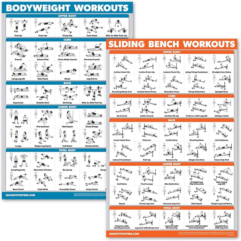 Palace Learning QuickFit 2 Pack - Sliding Bench Workouts & Bodyweight Exercise Poster Set - Compatible with Total Gym & Weider Ultimate Body Works (Laminated, 18" x 24") - Image 1