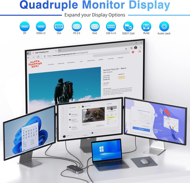 MOKiN Laptop Docking Station 4 Monitors, 16 in 1 USB C Docking Station Triple Monitor, USB C Dock with 2 HDMI, DP, 100W PD, USB 3.1/3.0/2.0, RJ 45 Ethernet, SD/TF, Audio for Dell/HP/Lenovo/Asus/Acer - Image 3