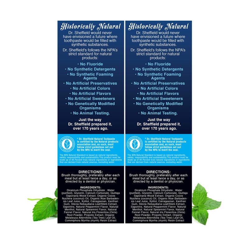 Dr. Sheffield's Dr. Sheffieldâ€™s Certified Natural Toothpaste (Peppermint) - Great Tasting, Fluoride Free Toothpaste/Freshen Your Breath, Whiten Your Teeth, Reduce Plaque (2-Pack) - Image 2