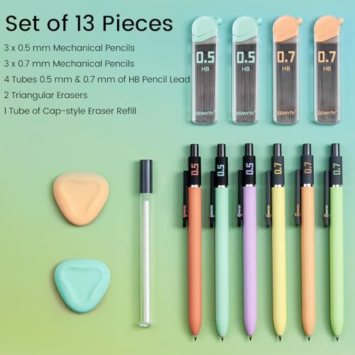 Solati Smooth Mechanical Pencil Set with Erasers, 6PCS Pastel Mechanical Pencils 0.5 & 0.7mm with 4 Tube HB Lead Refill, 2PCS Erasers and 10PCS Eraser Refills for School Supplies Writing (0.5mm+0.7mm) - Image 2