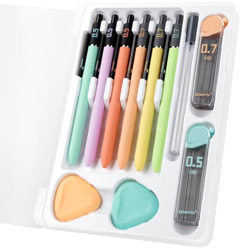Solati Smooth Mechanical Pencil Set with Erasers, 6PCS Pastel Mechanical Pencils 0.5 & 0.7mm with 4 Tube HB Lead Refill, 2PCS Erasers and 10PCS Eraser Refills for School Supplies Writing (0.5mm+0.7mm) - Image 1