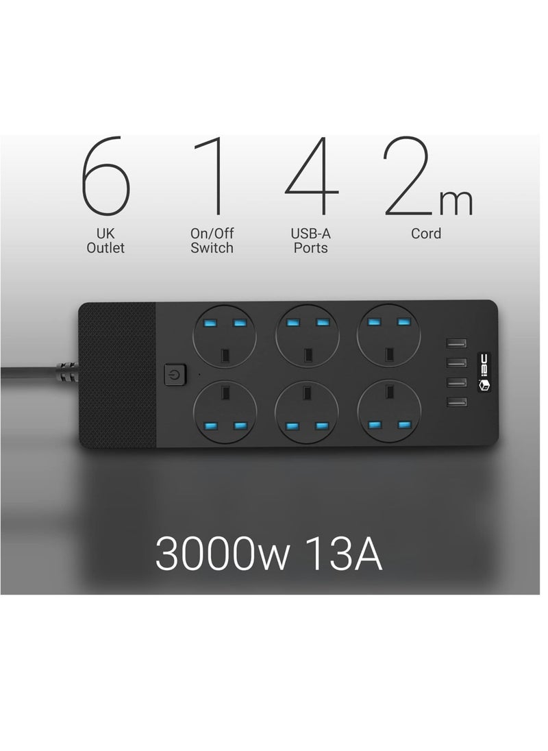 2M Extension Lead with 4 USB Ports and 6 Sockets, Surge Protected Wall Mount Power Strip, Built-in Fuse, Black