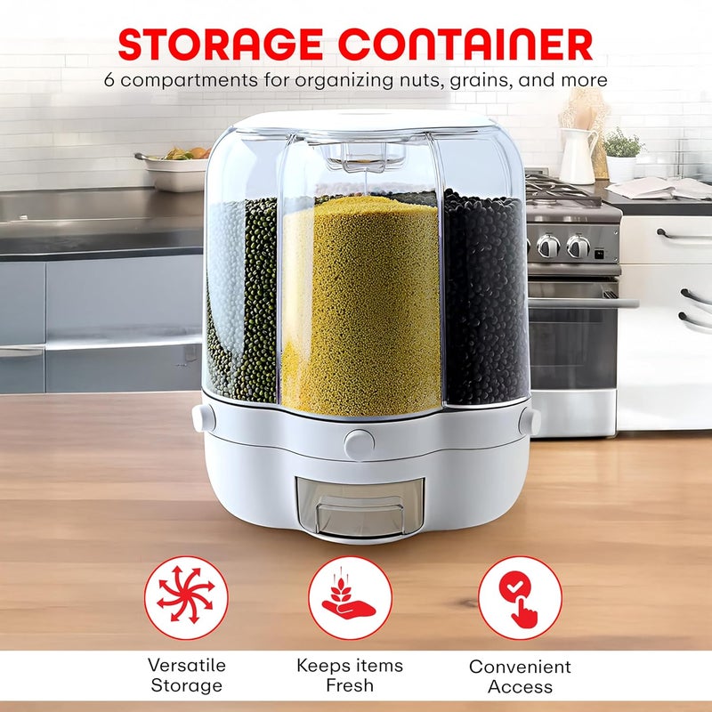 PRIME PICK منظم البقالة الدوار 360° مع موزع 6 شبكات واسطوانة قياس مع غطاء مقاوم للرطوبة، حاوية حبوب مغلقة، شفافة - Image 3