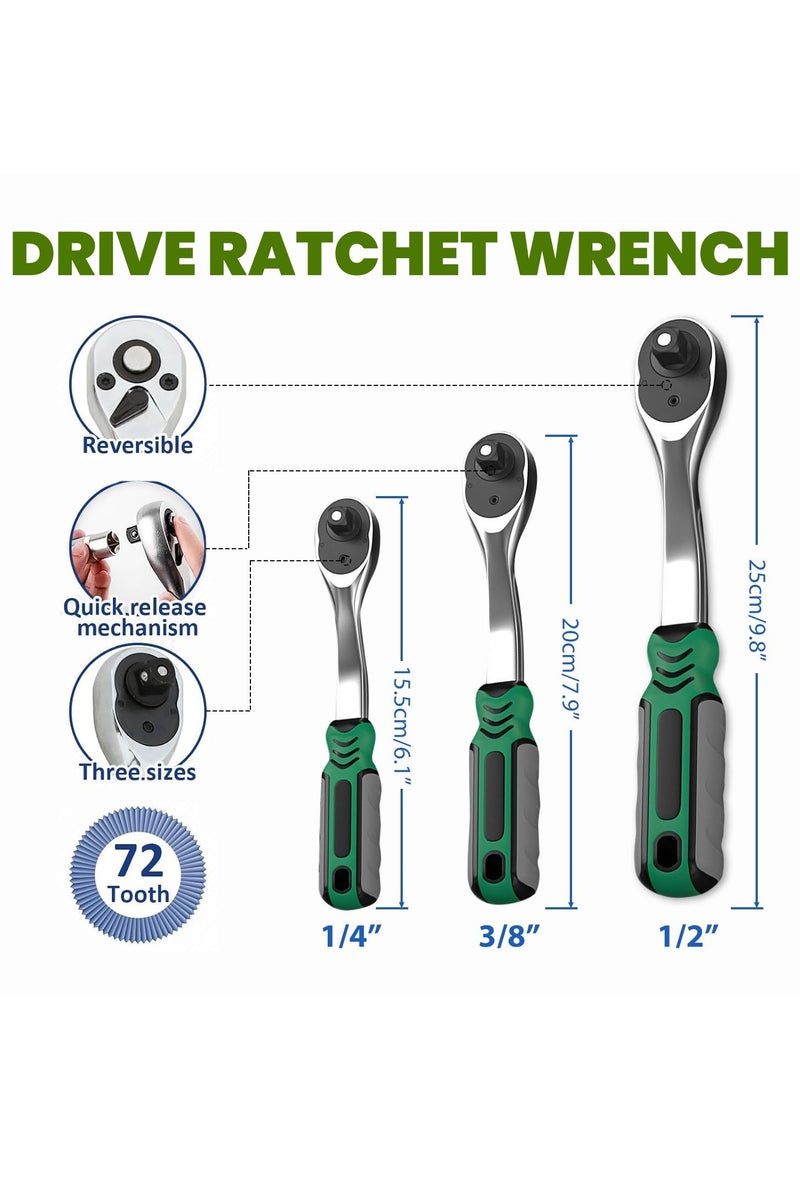 ET-LIFE 216pcs Car Mechanic Socket Tool Kit Set Car Repair Tool - 1/4" 3/8" 1/2" Drive Socket Set, Ratchet Socket Wrench Set with Quick Released Reversible Ratchet, Sockets for Home or Automobile Maintenance - Image 4