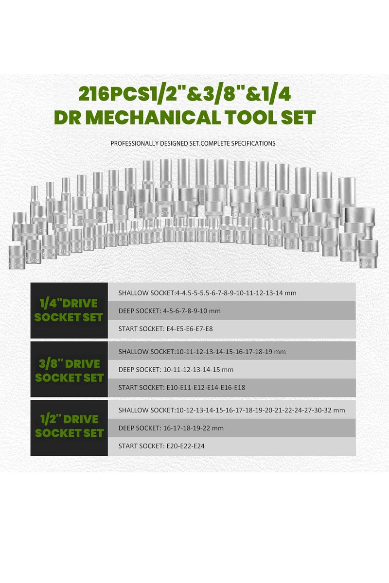 ET-LIFE 216pcs Car Mechanic Socket Tool Kit Set Car Repair Tool - 1/4" 3/8" 1/2" Drive Socket Set, Ratchet Socket Wrench Set with Quick Released Reversible Ratchet, Sockets for Home or Automobile Maintenance - Image 2
