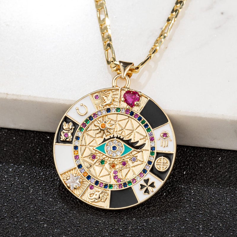 kelistom 14K Gold Plated Round Evil Eye Necklace for Women Men Boho Enamel Zircon Inlay ojo Hamsa Turkish Greek Evil Eye Pendant Necklaces| 3mm Figaro Chain Necklace (length:22", gold) - Image 2