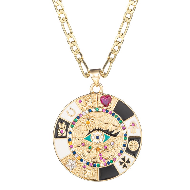 kelistom 14K Gold Plated Round Evil Eye Necklace for Women Men Boho Enamel Zircon Inlay ojo Hamsa Turkish Greek Evil Eye Pendant Necklaces| 3mm Figaro Chain Necklace (length:22", gold) - Image 1