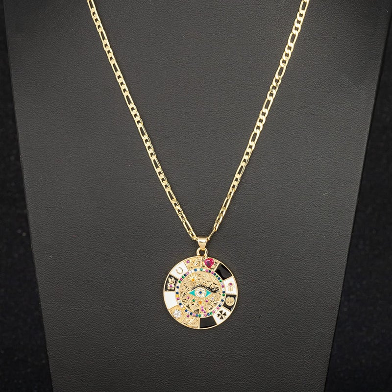 kelistom 14K Gold Plated Round Evil Eye Necklace for Women Men Boho Enamel Zircon Inlay ojo Hamsa Turkish Greek Evil Eye Pendant Necklaces| 3mm Figaro Chain Necklace (length:22", gold) - Image 3