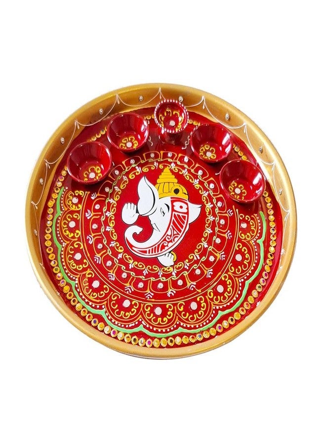 Aditri Creation Decorative Pooja Thali with Bowls and Diya Plate Platter Decorative Steel Puja Thali with Essential Pooja Article for Aarti Pooja Indian Traditional Festival Decorations(Size:-10")(Red,Golden) - Image 1