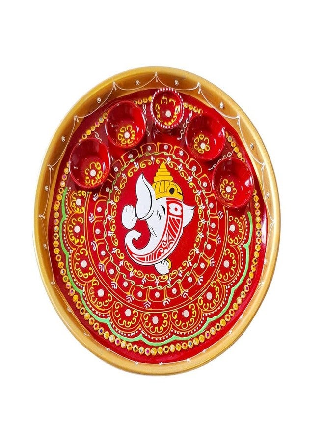 Aditri Creation Decorative Pooja Thali with Bowls and Diya Plate Platter Decorative Steel Puja Thali with Essential Pooja Article for Aarti Pooja Indian Traditional Festival Decorations(Size:-10")(Red,Golden) - Image 3