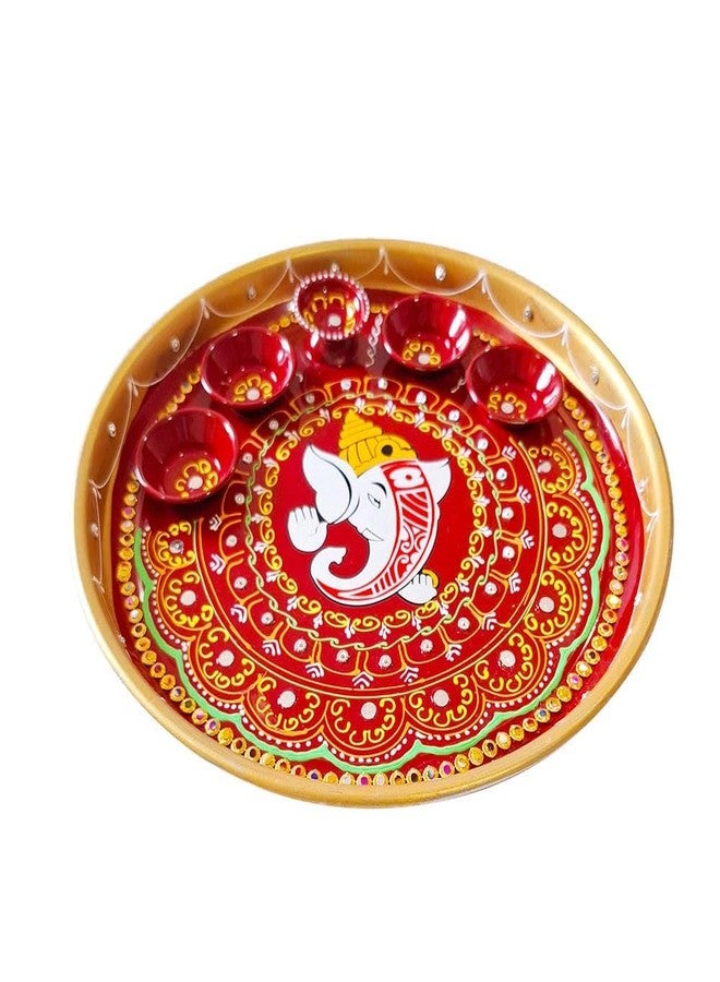 Aditri Creation Decorative Pooja Thali with Bowls and Diya Plate Platter Decorative Steel Puja Thali with Essential Pooja Article for Aarti Pooja Indian Traditional Festival Decorations(Size:-10")(Red,Golden) - Image 2