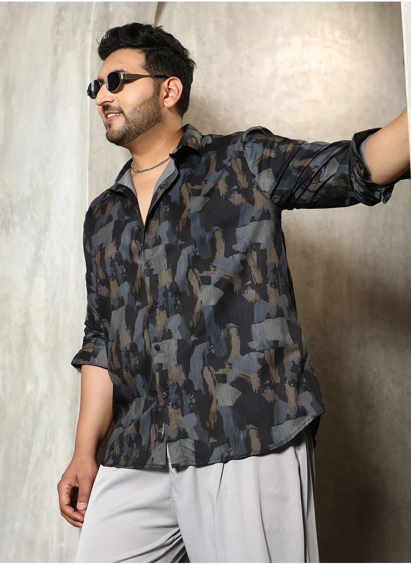 انستافاب بلس Instafab Plus Men's Prussian Blue Fray-Stroke Imprint Shirt For Casual Wear | Spread Collar | Long Cuffed Sleeves | Button Closure | Plus Size Shirt Crafted With Comfort Fit For Everyday Wear