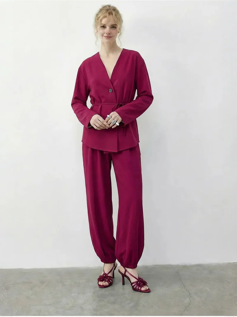 Bianco Lucci Magenta Pink LUCCI Belt Detailed Blouse and Jogger Pants Two Pieces Set for Women | Best Price UAE