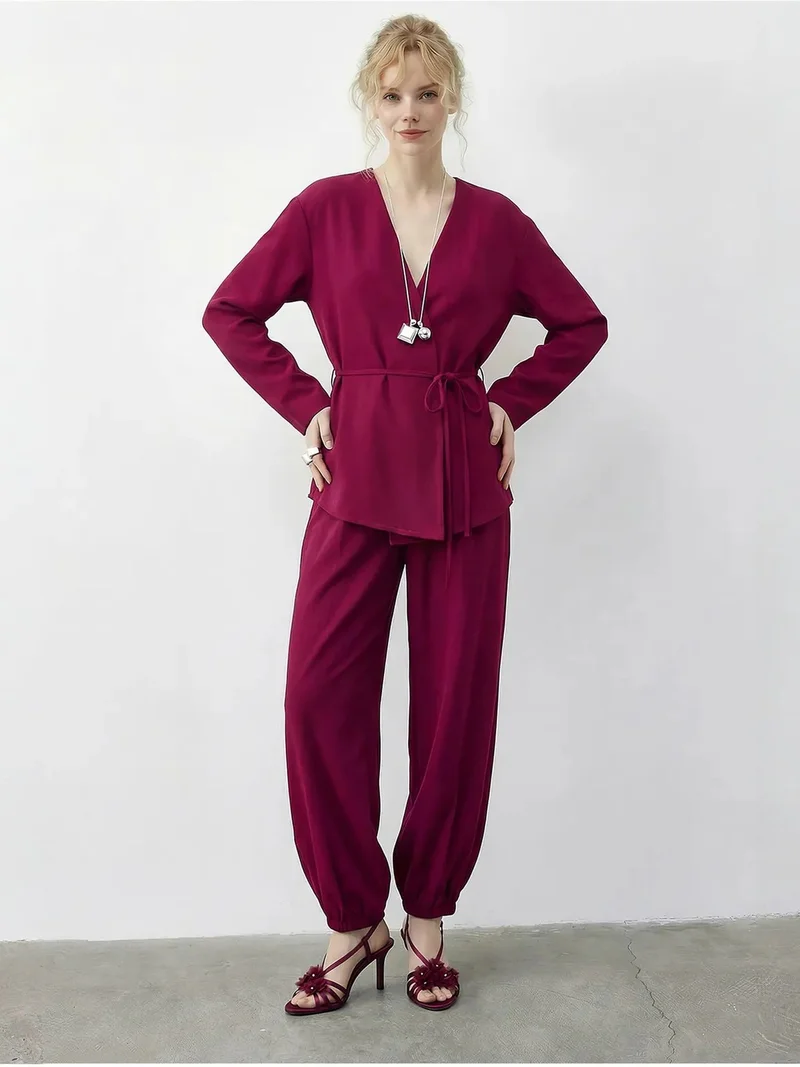LUCCI Belt Detailed Blouse and Jogger Pants Two Pieces Set