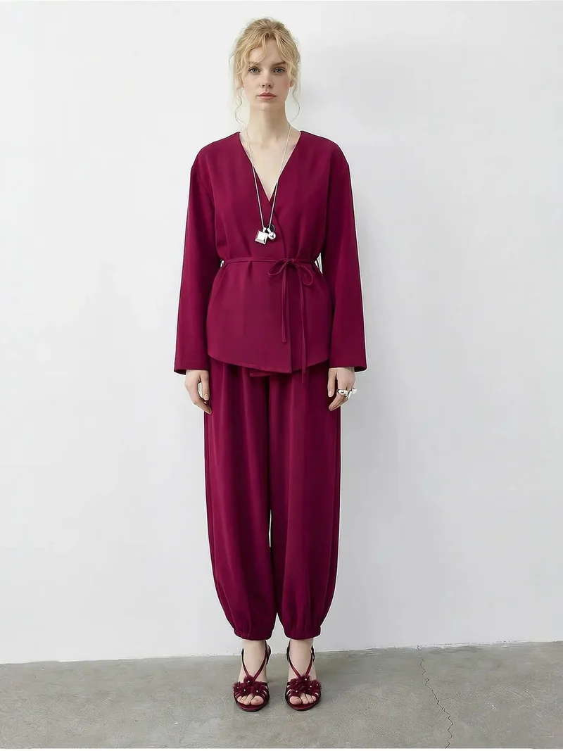 Bianco Lucci Magenta Pink LUCCI Belt Detailed Blouse and Jogger Pants Two Pieces Set for Women | Best Price UAE
