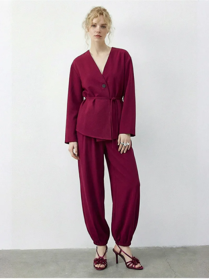 Bianco Lucci Magenta Pink LUCCI Belt Detailed Blouse and Jogger Pants Two Pieces Set for Women | Best Price UAE