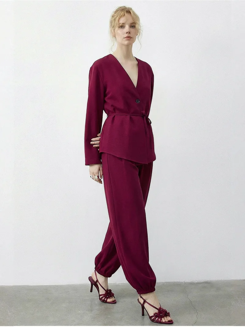 Bianco Lucci Magenta Pink LUCCI Belt Detailed Blouse and Jogger Pants Two Pieces Set for Women | Best Price UAE
