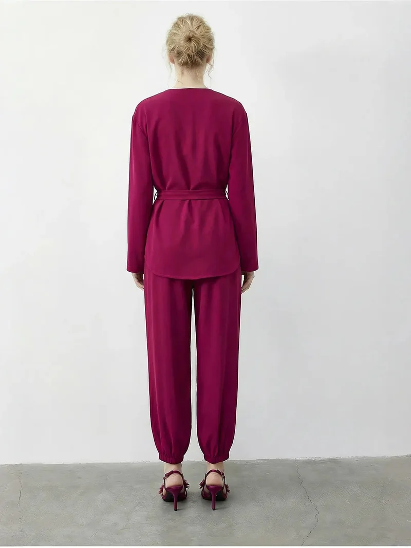 Bianco Lucci Magenta Pink LUCCI Belt Detailed Blouse and Jogger Pants Two Pieces Set for Women | Best Price UAE