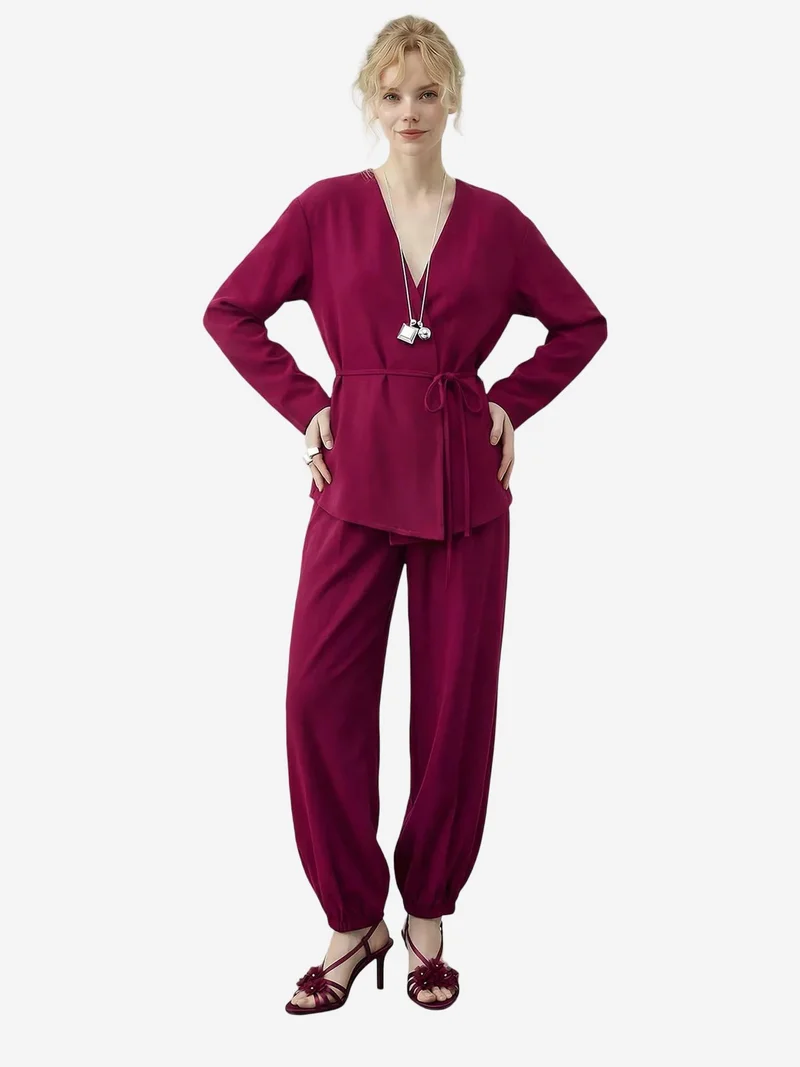 Bianco Lucci LUCCI Belt Detailed Blouse and Jogger Pants Two Pieces Set