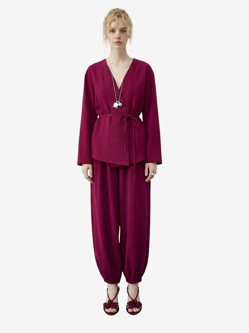 Bianco Lucci LUCCI Belt Detailed Blouse and Jogger Pants Two Pieces Set