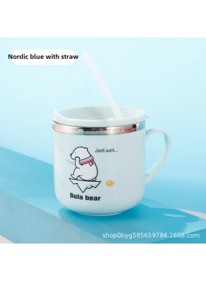 304 Stainless Steel Children's Straw Cup Baby Creative Cup Anti-scald Double Layer Heat Insulation Belt Cover With Handle Portable-Color:Nordic Blue With Straw-Capacity:Children's Water Cup  - Image 1