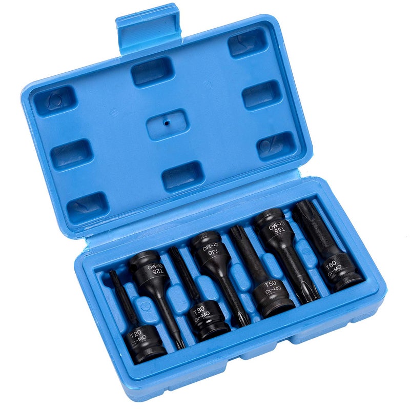 HELAKLS 7-Piece 3/8 Inch Drive T20-T60 Torx Star Driver Bit Socket Set Cr-Mo One-Piece Construction Air Impact Socket Hand Tools For Men