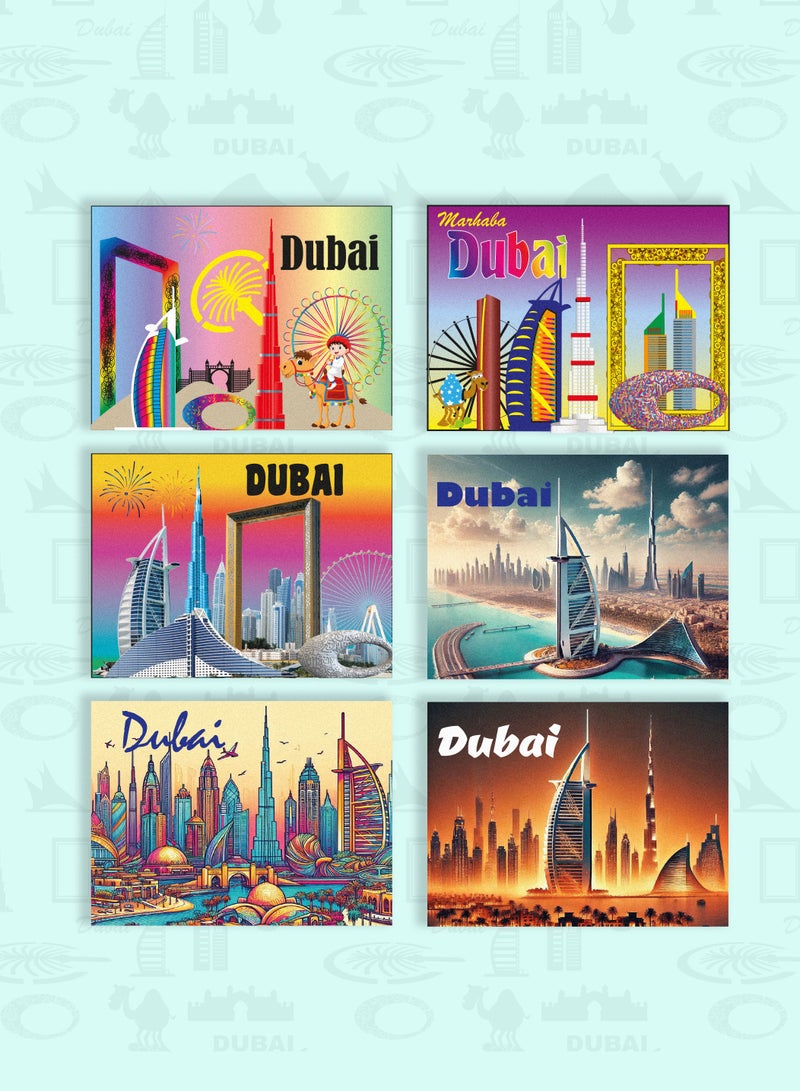 Souvenir Souq Dubai Iconic Foil Magnets 6pcs Set in metallic finish, highlighting Dubai skyline and famous skyscrapers—great Dubai souvenir or collectible gift. - Image 1