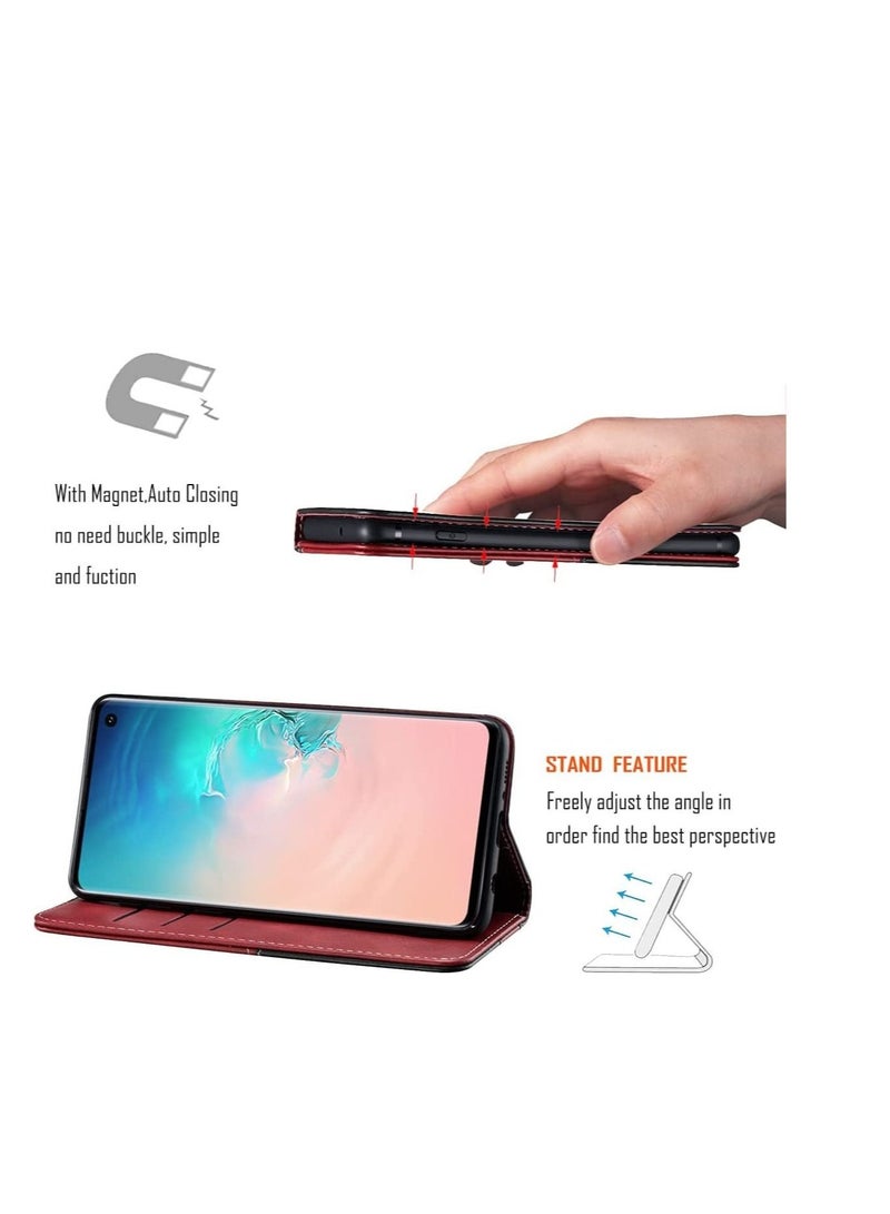 كابتن تيك For Samsung Galaxy S10 Case PU Leather Wallet Case Card Holder Shockproof Flip Cover Black red - Image 2