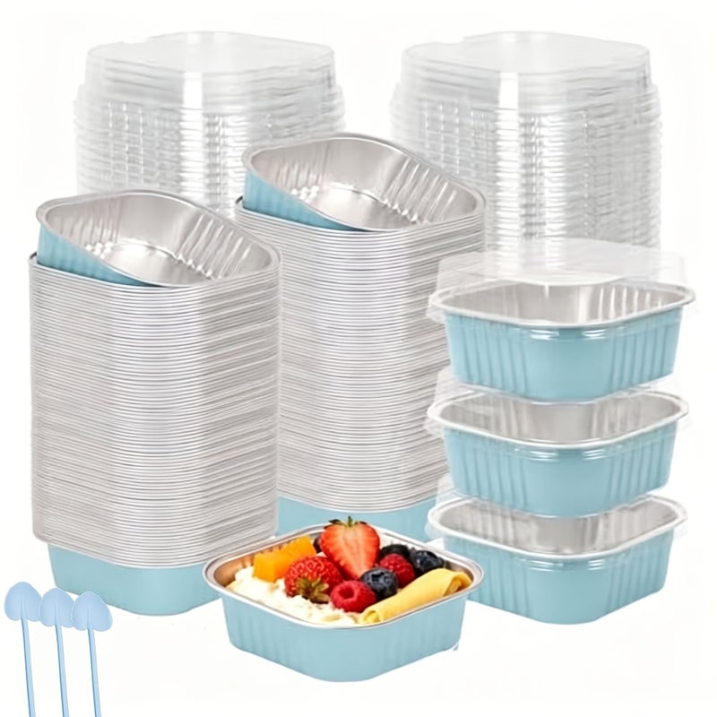 30 Pcs Square Aluminum Foil Baking Cups Set with 10 Boxes Lids and Spoons for Mini Bread Cake and Dessert - Image 1