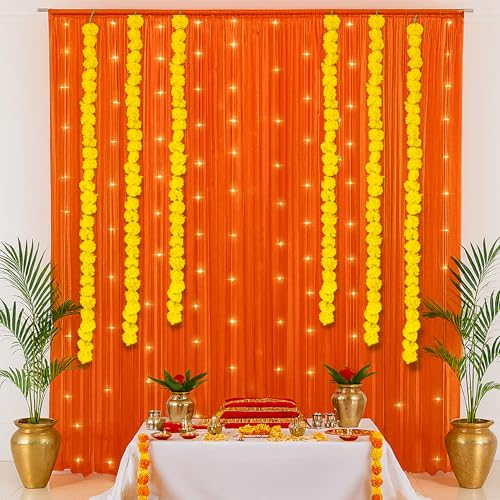 SpecialYou.in SpecialYou® Ganpati Decoration Setup for Home with Orange Chiffon Curtains, Marigold for Ganpati Decorations Backdrop, Ganesh Decorations Items for Home, Ganesh Chaturthi Decoration Setup-13Pcs - Image 5