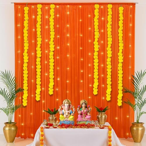 SpecialYou.in SpecialYou® Ganpati Decoration Setup for Home with Orange Chiffon Curtains, Marigold for Ganpati Decorations Backdrop, Ganesh Decorations Items for Home, Ganesh Chaturthi Decoration Setup-13Pcs - Image 1