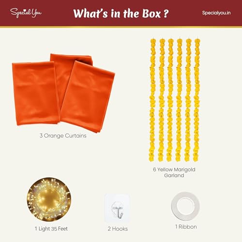SpecialYou.in SpecialYou® Ganpati Decoration Setup for Home with Orange Chiffon Curtains, Marigold for Ganpati Decorations Backdrop, Ganesh Decorations Items for Home, Ganesh Chaturthi Decoration Setup-13Pcs - Image 3