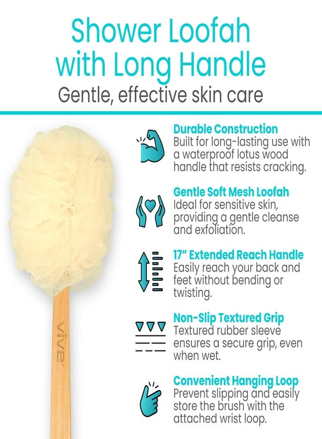 Vive 17” Shower Loofah with Long Handle - Exfoliating Back & Body Scrubber for Men & Women - Luffa Sponge on a Stick for Bathing, Cleaning - Includes Extra Handheld Lufa, Hook & String to Hang on Wall - Image 2
