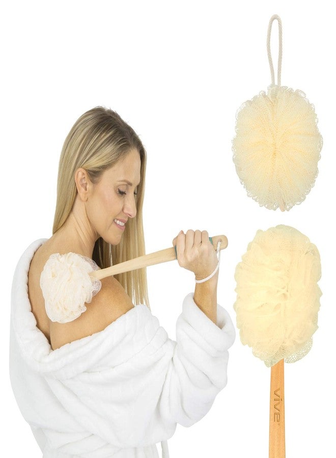 Vive 17” Shower Loofah with Long Handle - Exfoliating Back & Body Scrubber for Men & Women - Luffa Sponge on a Stick for Bathing, Cleaning - Includes Extra Handheld Lufa, Hook & String to Hang on Wall - Image 1