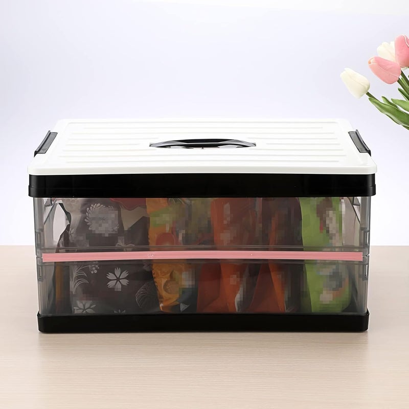 Foldable Plastic Storage Box With Lid, Upgrade Multifunction Transparent Collapsible Storage Bins, Stackable Clear Latch Storage Box with Handle, Clear Black - Image 2