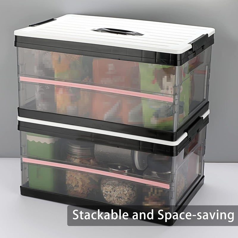 Foldable Plastic Storage Box With Lid, Upgrade Multifunction Transparent Collapsible Storage Bins, Stackable Clear Latch Storage Box with Handle, Clear Black - Image 3