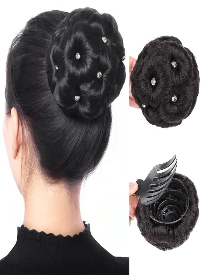AUTOWRAP Clip in Hair Bun for Women Black Chignon with Rhinestone Synthetic Tress Claw In Ponytail Hair Extension Updo Hairpiece (Black Chignon with Rhinestone) - Image 1