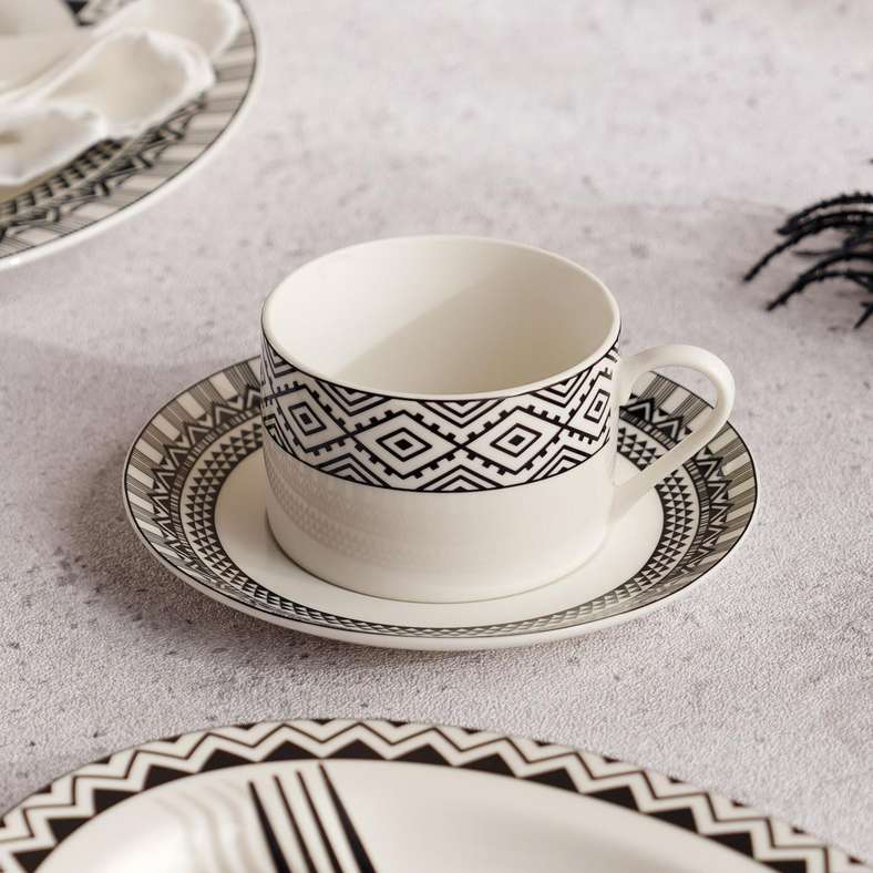 Pan Home Mirage New Bone China Tea Cup & Saucer 220ml -Black & White
