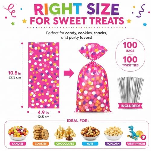 Pajean 100 Pcs Cellophane Treat Bags for Party Favors Decorations Polka Dots Goodie Star Treat Candy Bags with 100 Twist Ties Rainbow Stars Theme for Birthday Mother Weddings Supplies - Image 3