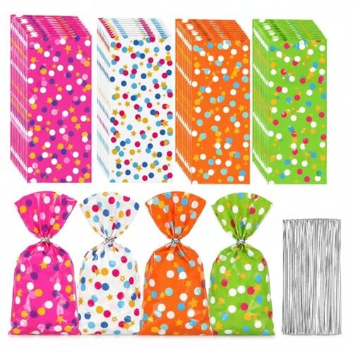 Pajean 100 Pcs Cellophane Treat Bags for Party Favors Decorations Polka Dots Goodie Star Treat Candy Bags with 100 Twist Ties Rainbow Stars Theme for Birthday Mother Weddings Supplies - Image 1