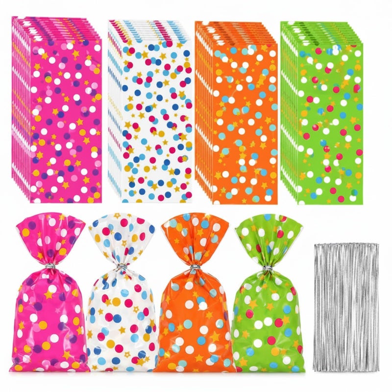 Pajean 100 Pcs Cellophane Treat Bags for Party Favors Decorations Polka Dots Goodie Star Treat Candy Bags with 100 Twist Ties Rainbow Stars Theme for Birthday Mother Weddings Supplies - Image 2