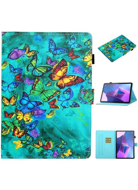 Lenovo Tab P12 2023 TB370FU Coloured Drawing Stitching Smart Leather Tablet Case Green Butterfly