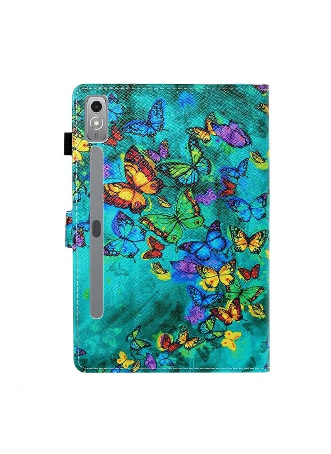 Lenovo Tab P12 2023 TB370FU Coloured Drawing Stitching Smart Leather Tablet Case Green Butterfly